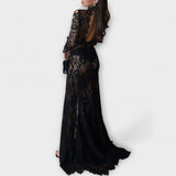 Azalea - Elegância da Meia-Noite Vestido longo de renda transparente com mangas compridas e elastano