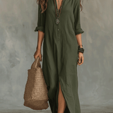 Vestido maxi boêmio preto com botões frontais