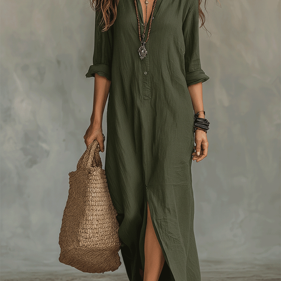 Vestido maxi boêmio preto com botões frontais