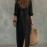 Vestido maxi boêmio preto com botões frontais