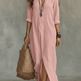Vestido maxi boêmio preto com botões frontais