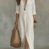 Vestido maxi boêmio preto com botões frontais