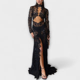Azalea - Elegância da Meia-Noite Vestido longo de renda transparente com mangas compridas e elastano